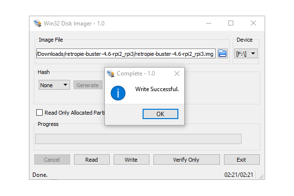 Win32 Disk Imager UI preparing to write an IMG file to a USB drive with verification enabled